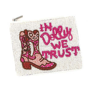 Handmade Natural <b>Beaded</b> Pouch Bag Dolly Parton Pink Boot Design Western Sequin Zipper Country Music Clutch Fashion Trendy Party - Product Image 1