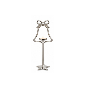 Élégant porte-bougie de Noël en forme de cloche avec nœud en métal et base en étoile, support de bougie argenté pour la décoration de table de Noël - Product Image 1