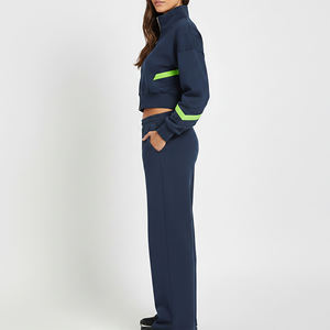 Ensemble de survêtement bleu marine pour femme avec rayures vertes, coupe ample, pantalon long à cordon de serrage, style sportif, respirant - Product Image 2