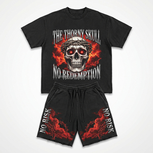 Ensemble t-shirt et short pour homme style punk, imprimé crâne noir, col rond, tenue streetwear d'été - Product Image 1