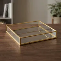 Plateau en verre avec bordure en laiton, plateau de service rectangulaire décoratif pour table basse, décoration et présentation de la maison