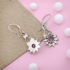 Natural Amethyst Gemstone Sun design Dangle <b>Earring</b> 925 Sterling <b>Silver</b> <b>Drop</b> Handmade Geometric <b>Earrings</b> - Product Image 2