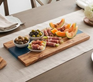 Planche à découper rectangulaire en bois naturel de qualité supérieure, faite à la main, avec incrustation de résine époxy turquoise - Product Image 4