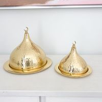 Ensemble de 2 plateaux décoratifs en laiton martelé doré en forme de dôme, artisanat métallique bohème pour le Ramadan