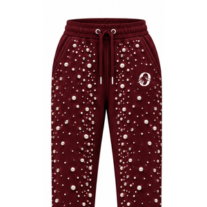 Burgundy Pearl Beaded <b>Jogger</b> Pants <b>Women</b> Luxury Embellished Drawstring Sweatpants Casual Streetwear Fleece Trousers With Pockets - Product Image 3