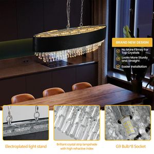 Lampadario Moderno in Cristallo da 39 Pollici con 8 Luci G9, Altezza Regolabile, Paralume Nero in Velluto Imitazione Anti-Riflesso per Sala da Pranzo - Product Image 5