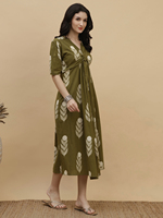 Robe midi vert olive à imprimé floral avec manches bouffantes, col en V, style portefeuille et à nouer, coupe décontractée ample, en tissu tissé respirant
