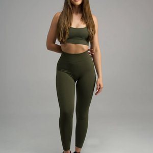 Conjunto de Yoga Verde Oliva de 2 Piezas, Top Corto y Leggings Largos, Sin Costuras, Cintura Alta, Sin Mangas, Color Sólido, Ropa Deportiva - Product Image 4