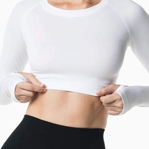 Women's White Long Sleeve Crop <b>Top</b> Crew Neck Minimalist Solid Knit Pullover Full Sleeve Soft Spandex Polyester All Seasons - Product Image 5