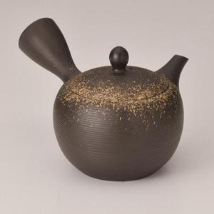 Tetera Japonesa Reutilizable de Cerámica - Fusen Negra Redonda de Mil Niveles con Detalles Dorados, Kyusu con Tapa, Hecha a Mano, Tradicional - Product Image 1