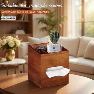 Porta pañuelos de madera de acacia con bandeja de almacenamiento, organizador moderno - Product Image 2