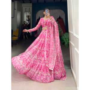 Attretive Rosa Impreso Georgetted Lehenga Choli Con Dupatta - Product Image 1