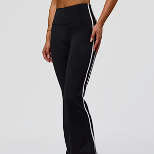 Leggings de Yoga de Cintura Alta con Pierna Ancha y Franja Lateral, Color Negro Sólido, Largos, Sin Costuras, Elásticos en Cuatro Direcciones, Pantalones Deportivos - Product Image 3