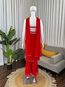 Conjunto de Salwar Kameez de Georgette Rojo en Oferta, con Trabajo de Espejo Real, Traje Tradicional Indio Pakistaní para Mujer, para Bodas y Fiestas - Product Image 2