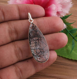 Pendentif en quartz rutilé noir naturel, argent sterling 925 plaqué platine, collier vintage unique avec pierre précieuse en forme d'aiguille, bijoux fins - Product Image 5