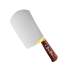 Couteau de boucher en acier inoxydable argenté avec manche en bois brun et bolster doré, lame large pour couper la viande en cuisine - Product Image 3