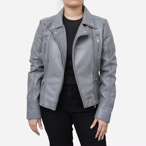 Veste moto en cuir PU gris pour femme, manches longues, col montant, fermeture éclair, pour l'automne - Product Image 4