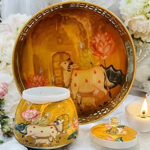 Pot en métal Pichwai de qualité supérieure avec plateau, design traditionnel, style élégant, récipient de rangement décoratif, décoration d'intérieur, article cadeau - Product Image 5