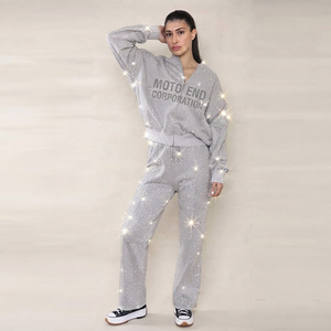 Conjunto de Sudadera Oversize Gris con Cierre y Estampado de Letras, Cuello Redondo, Corte Regular, Unisex, Ropa Casual de Otoño - Product Image 3