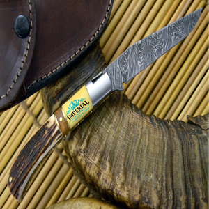 Couteau pliant en acier Damas, lame à pointe tombante, manche en bois de cerf, couteau de chasse - Product Image 2
