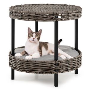 Cuccia per Gatti in Rattan a 2 Livelli 38x38 cm con Cuscino Imbottito Lavabile, Gambe in Metallo, Finitura Grigia, Capacità 30 kg, Cucce e Mobili per Animali Domestici - Product Image 1