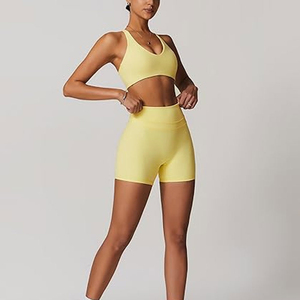 Conjunto de Yoga de 2 Piezas para Mujer, Amarillo, Cintura Alta, Top Corto sin Costuras, Pantalones Cortos Transpirables de Spandex y Poliéster, Ropa Deportiva - Product Image 4