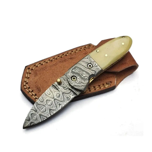 Cuchillo de bolsillo recto Burraq hecho a mano de acero de Damasco con punta clip, mango de resina y funda de cuero para regalos DIY/OEM/ODM y uso en exteriores - Product Image 4