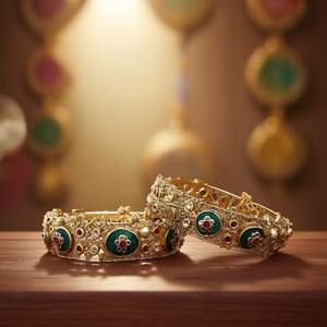 Radiant Pota Stone and Pearl Openable Charm <b>Bangles</b> <b>Set</b>-Vintage Brass Jewelry - Product Image 3