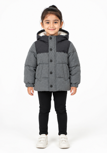 Chaqueta Acolchada Gris para Niñas, Abrigo Cálido de Invierno con Capucha, Reversible a Cuadros, Cierre de Cremallera, Acolchado - Product Image 1
