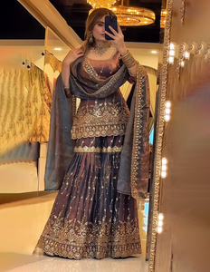 Ensemble prêt-à-porter brodé indien Sharara Gharara Kurti en soie, style pakistanais, pour toutes les occasions, vente en gros - Product Image 3