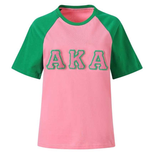 Camiseta personalizada AKA Sorority rosa con escudo de chenilla, cuello redondo, manga raglán, bordado en chenilla, corte ajustado para mujer - Product Image 1