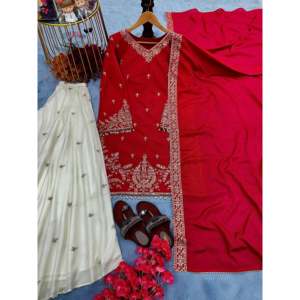 Beau haut en soie pure Chinon Palazzo Dupatta ensemble pour la fête porter des robes de soirée élégantes - Product Image 2