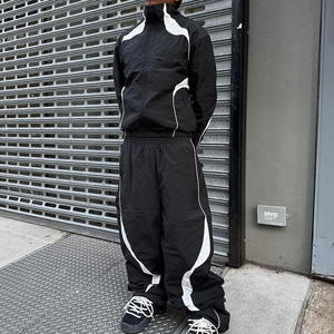 Custom Men Sport Set Contrast Panel Zip up Waterproof Windbreaker Jacket <b>Baggy</b> <b>Track</b> <b>Pants</b> Curve Stripe Print Tracksuits for Men - Product Image 2