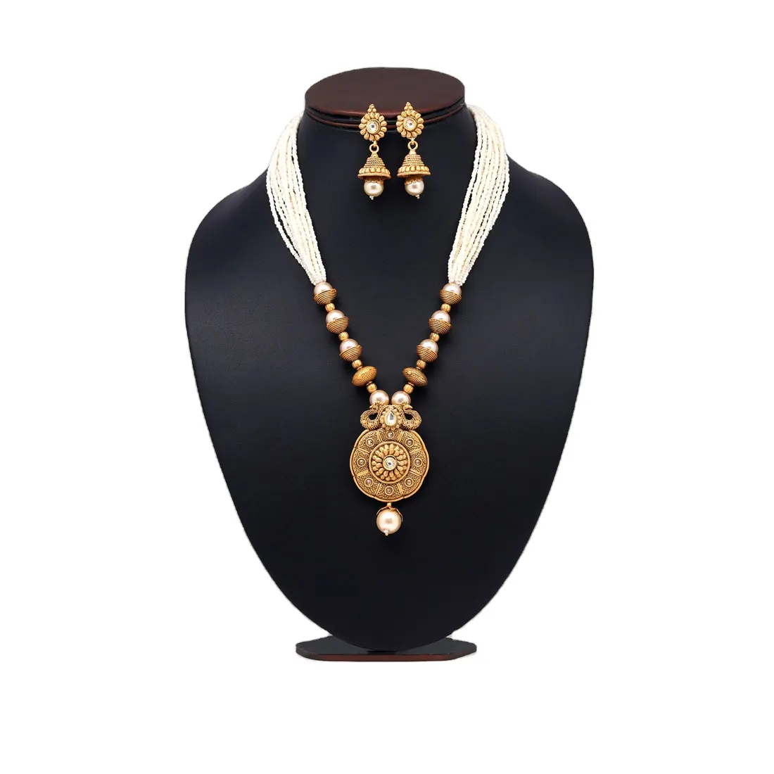 Indah Premium panjang Matte emas kalung kuil Set dengan anting-anting perhiasan India untuk wanita dan anak perempuan 2024 harga grosir