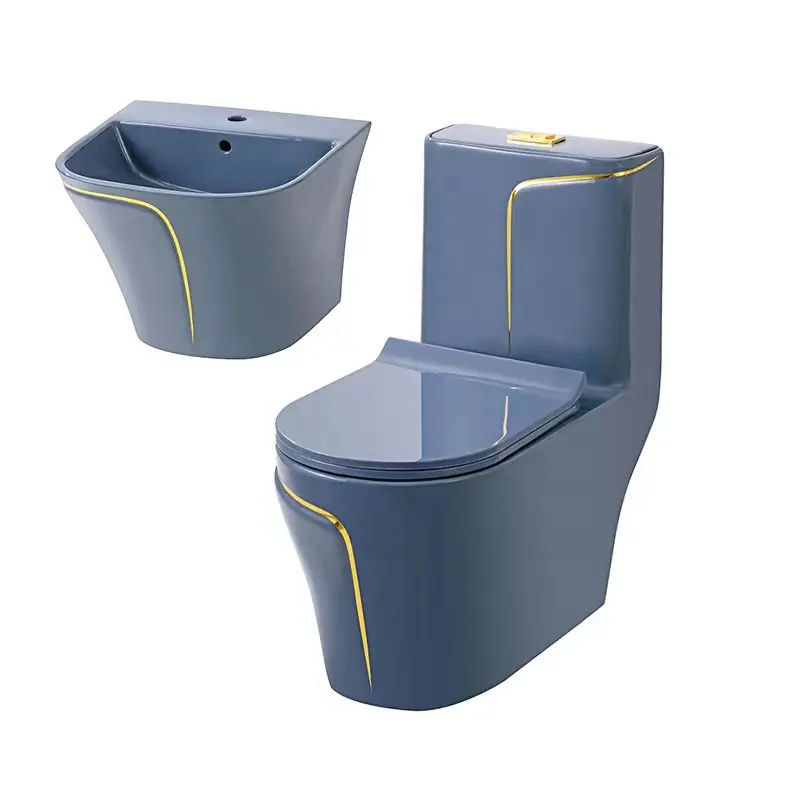 Schöne farbige Keramik Sanitär keramik Waschbecken und Toilette Blue Gold Line Half Podest Basin Keramik One Piece WC Set