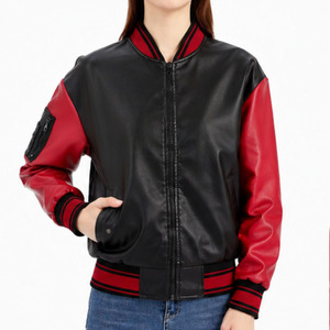 <b>Women's</b> Black & Red Real Leather Varsity Bomber <b>Jacket</b> | Casual Zip-Up Baseball <b>Jacket</b> | OEM ODM Custom Wholesale - Product Image 1