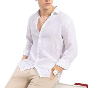 Camisa de Lino Casual Ecológica para Hombre - Blanca de Verano, Manga Larga, Cuello Clásico, Un Solo Botón, Estilo Resort - Product Image 1