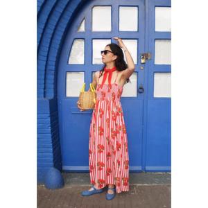 Robe longue de plage bohème à épaules dénudées en coton 100% à carreaux rouges et blancs avec franges pour femmes - Product Image 1