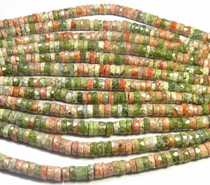 Perles de pierres précieuses naturelles Unakite Heishi en forme de disque, 6,5-7 mm, perles opaques percées au centre, 16 pouces, Unakite vert, pierres à facettes en forme de roue, pour bricolage - Product Image 1