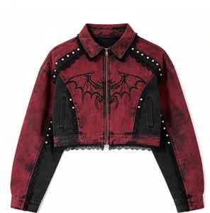Veste en jean rouge délavé sur mesure pour homme, broderie chauve-souris, garniture en dentelle, manteau court, streetwear, usine OEM - Product Image 4