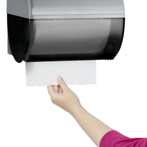 Dispensador industrial de toallas de metal y plástico con borde dentado para rasgar el papel fácilmente. Disponible a precios de mayorista. - Product Image 1