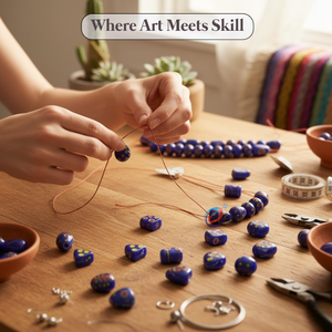 Chaîne de perles en verre javanais bleues de différents styles, 8 pouces |   Perles artisanales multi-designs pour bracelets, colliers et accessoires de bricolage - Product Image 3