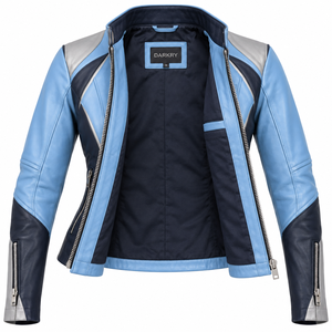 Veste de moto en cuir véritable bleu marine foncé pour femmes, vêtements de sport pour motocross, vêtements de motard, streetwear - Product Image 5