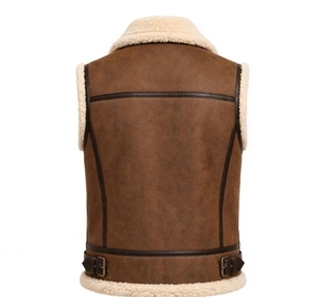 Gilet en cuir marron pour homme avec col en fourrure, double boutonnage - Product Image 2