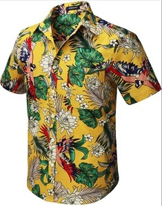 Chemise décontractée pour homme en sergé hawaïen à manches courtes, col montant, bouton unique, imprimé feuilles tropicales, noir et vert, pour les vacances d'hiver - Product Image 1