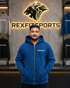 เสื้อฮู้ดคลับแบบซิปเต็มตัวสีน้ำเงินสั่งทำพิเศษ REXFITSPORTS 2026 ผ้าฝ้ายผสมโพลีเอสเตอร์ฟลีซ 280–300 GSM สไตล์สตรีทแวร์แบบดิสเทรส - Product Image 4