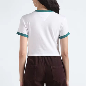 Wholesale Women's <b>White</b> <b>Cropped</b> <b>T</b>-<b>Shirt</b> With Teal Trim Crew Neck Short Sleeve Regular Fit Casual Solid Color 100% Cotton Jersey - Product Image 2
