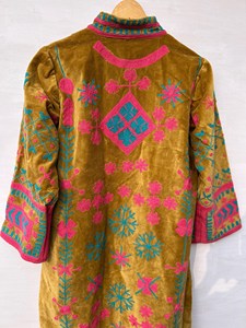 Chaqueta Larga de Terciopelo Bordado Marrón para Mujer, Diseño Floral, Estilo Bohemio, Cuello Alto, Manga Larga, Ropa de Abrigo para Invierno - Product Image 6