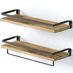 Wood <b>Wall</b> Shelf Single Tier Iron Bracket Mounted Rectangle Industrial Style Storage Rack for Living Room - Product Image 5