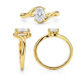 Anillo de Diamantes Ovalados Certificados por IGI |   Oro Amarillo de 18K |   Anillo Solitario con Diseño en Espiral | - Product Image 1